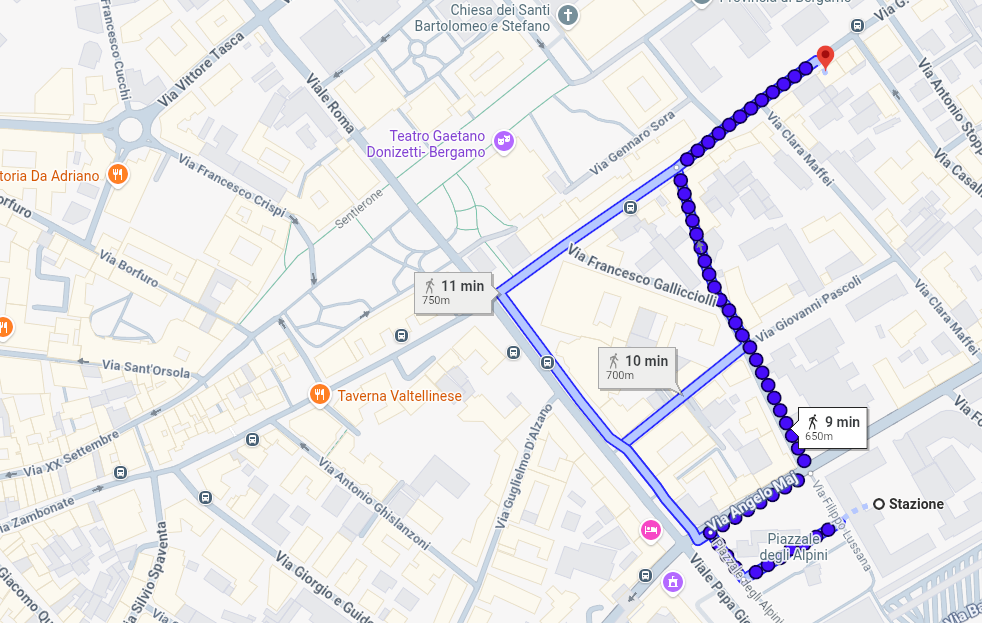 Percorso a piedi dalla Stazione di Bergamo